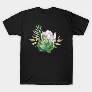 Peony and Succulent Design T-Shirt